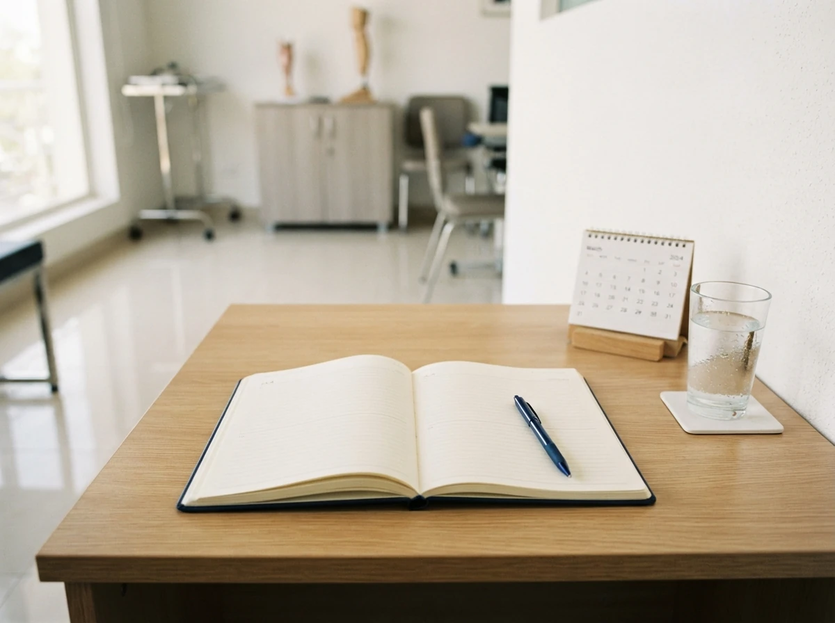 An open appointment diary with a pen resting on a blank page on a clean clinic desk, a small desk calendar and a glass of water beside it, in soft morning light. No people. Photograph taken in Karachi, Pakistan, in a clean, modern, well lit private prosthetics clinic with white walls, a polished tiled floor and tidy steel and laminate furniture. Any person shown is Pakistani and well dressed, with the face out of frame. Natural daylight, realistic colours, documentary style. No text, no signage, no logos, no watermarks. 4:3 aspect ratio.
