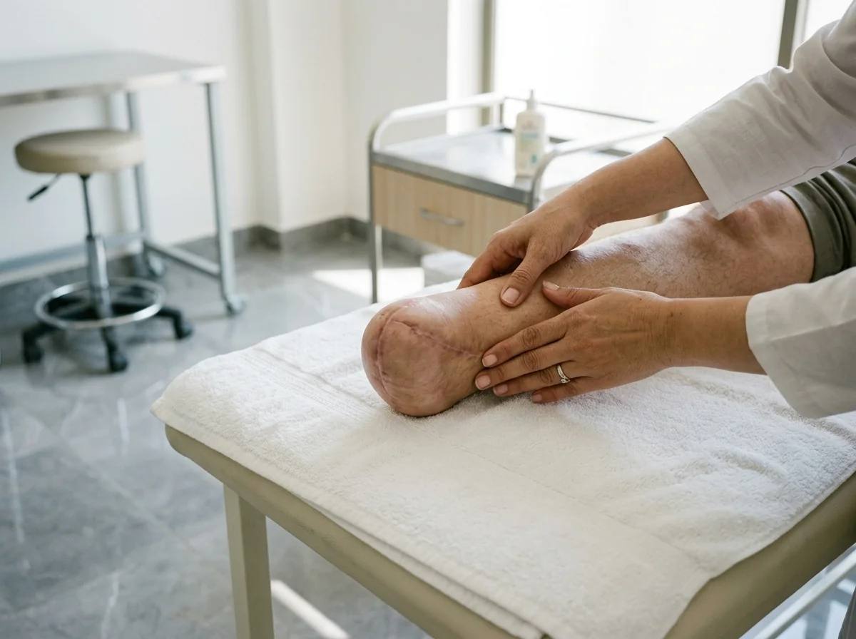 A hand gently massaging the scar line at the end of a fully healed below knee residual limb with the thumb, close view in bright daylight on a white towel, only the hand and the limb visible. Photograph taken in Karachi, Pakistan, in a clean, modern, well lit private prosthetics clinic with white walls, a polished tiled floor and tidy steel and laminate furniture. Any person shown is Pakistani and well dressed, with the face out of frame. Natural daylight, realistic colours, documentary style. No text, no signage, no logos, no watermarks. 4:3 aspect ratio.