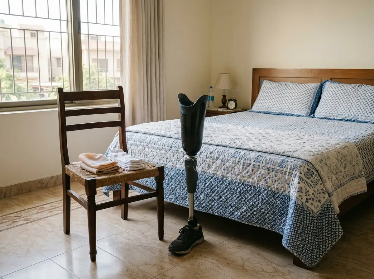 A below knee artificial leg standing upright beside a neatly made bed on a clean tiled bedroom floor in morning light, with a folded liner and stump socks on a chair next to it, ready to be put on. No people. Photograph taken in Karachi, Pakistan. Any person shown is Pakistani and well dressed, with the face out of frame. Natural daylight, realistic colours, documentary style. No text, no signage, no logos, no watermarks. 4:3 aspect ratio.