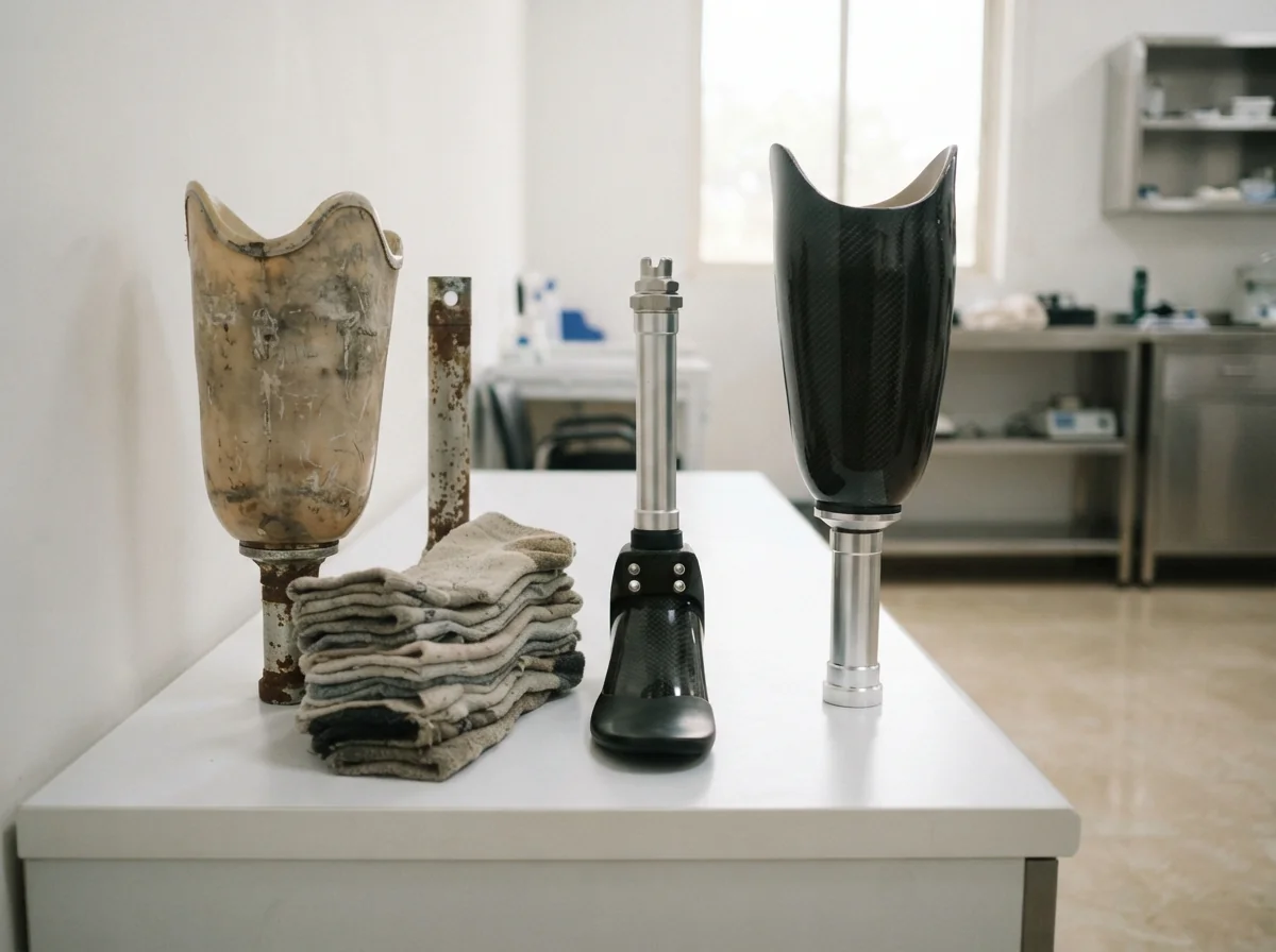 An old scuffed prosthetic socket with many layers of stump socks beside it, next to a new glossy laminated socket, with a single shared prosthetic foot and pylon standing between them on a white bench. Product photograph. No people. Photograph taken in Karachi, Pakistan, in a clean, modern, well lit private prosthetics clinic with white walls, a polished tiled floor and tidy steel and laminate furniture. Any person shown is Pakistani and well dressed, with the face out of frame. Natural daylight, realistic colours, documentary style. No text, no signage, no logos, no watermarks. 4:3 aspect ratio.