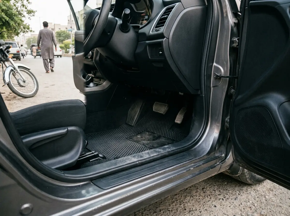 The driver footwell of a right hand drive automatic car with the door open, showing the brake and accelerator pedals and a clean floor mat, photographed from outside at sill height in daylight. No people. Photograph taken in Karachi, Pakistan. Any person shown is Pakistani and well dressed, with the face out of frame. Natural daylight, realistic colours, documentary style. No text, no signage, no logos, no watermarks. 4:3 aspect ratio.